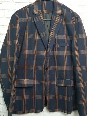 Source Unknown mens jacket size Small black w/ tan plaid pattern EUC